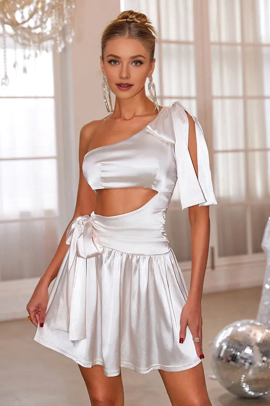 Dress White One Shoulder Hollow Out Short Homecoming Dress Sleeveless Satin Party Dress