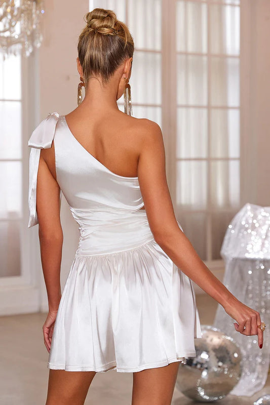Dress White One Shoulder Hollow Out Short Homecoming Dress Sleeveless Satin Party Dress