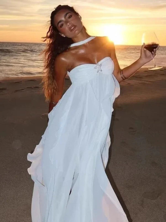 Dress White Pure Color Youthful Elegant Sweet Long Chiffon Ruffle Irregular Skirt Seaside Beach Holiday Party Dress Evening Dress Prom Dress