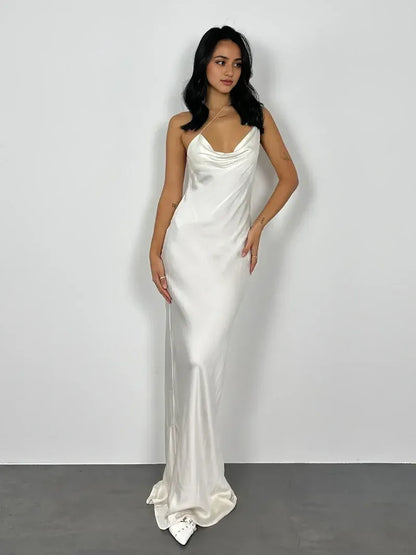 Dress White Spaghetti Straps Sleeveless Prom Dress Cowl Neck Pleated Floor Length Evening Dress