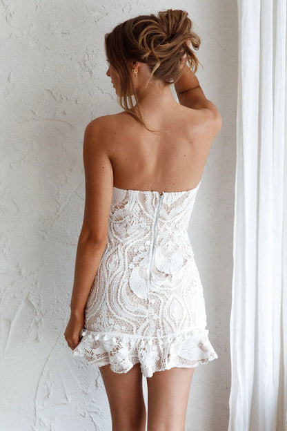 Dress White Strapless Mini Dress With Intricate Floral Lace Embroidery And Ruffled Hem Homecoming Dress