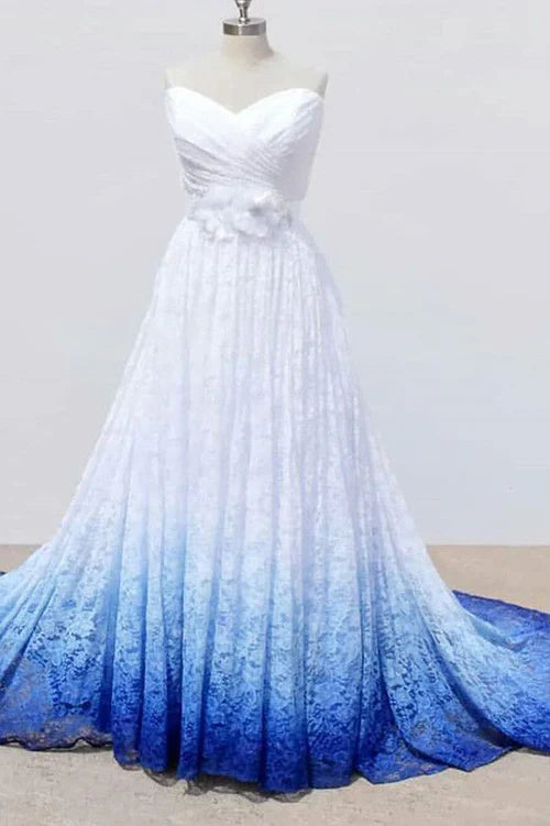 Dress White Sweetheart Lace Wedding Dresses Ombre Wedding Dresses with Flowers