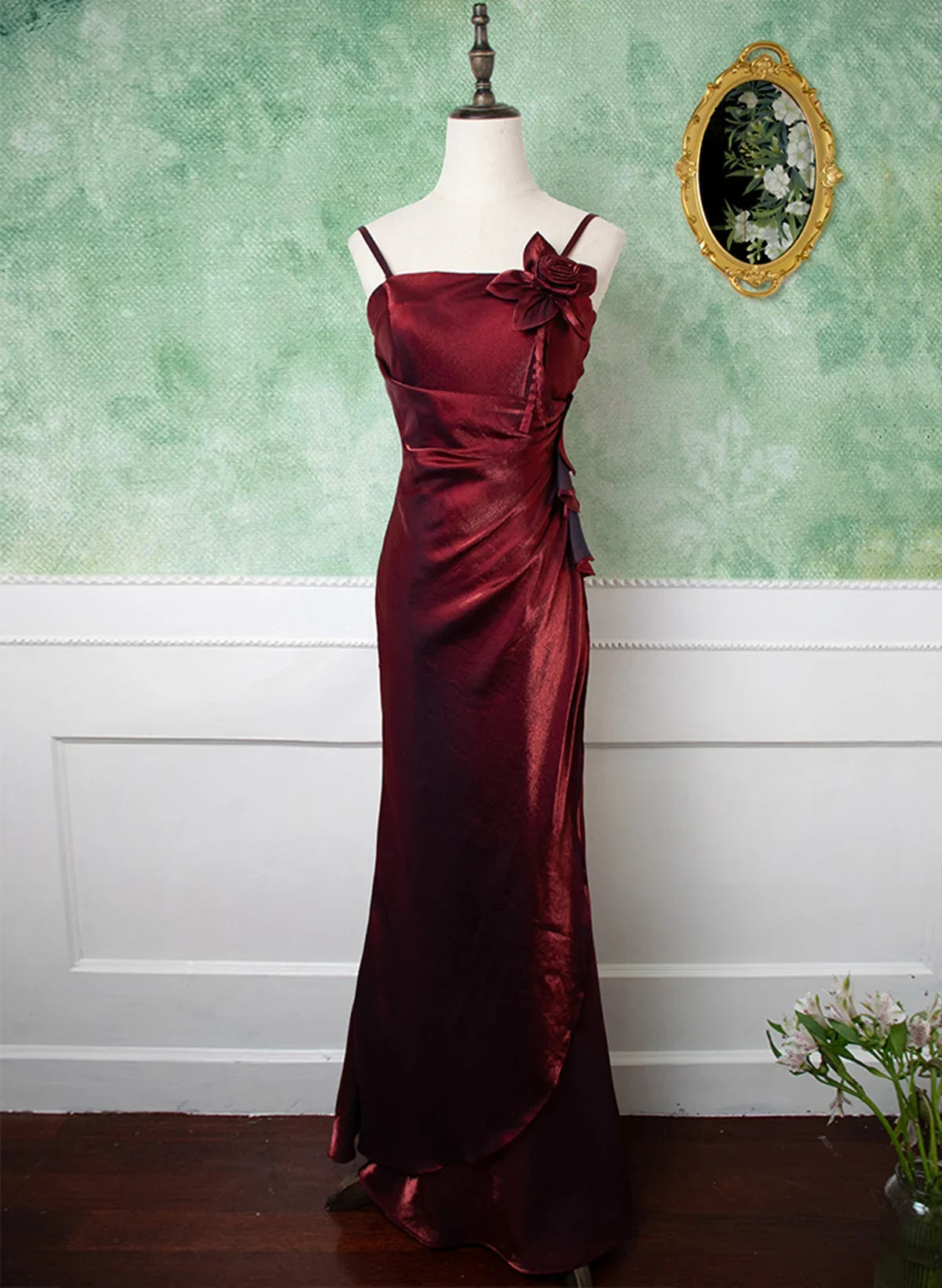 Dress Wine Red Spaghetti Straps Evening Dress Sleeveless Sheath Party Dress Prom Dress With Flower Embellishment