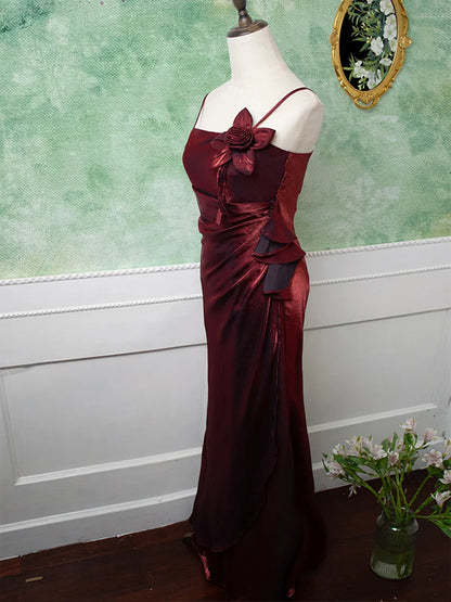 Dress Wine Red Spaghetti Straps Evening Dress Sleeveless Sheath Party Dress Prom Dress With Flower Embellishment