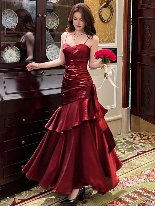 Dress Wine Red Sweetheart Mermaid Straps Satin Party Dress Wine Red Satin Prom Dress