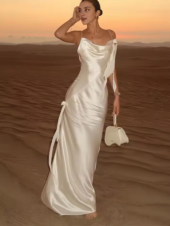Dress Women Chic White Backless Stain Ruffles Long Dress Elegant Sleeveless V Neck Pleated Sling Vestidos Ladies Party Prom Dress