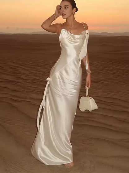 Dress Women Chic White Backless Stain Ruffles Long Dress Elegant Sleeveless V Neck Pleated Sling Vestidos Ladies Party Prom Dress