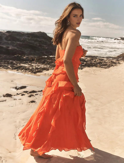Dress Women's Sexy Strapless Birthday Party Dress Backless Tassel Ruffle Long Slim Beach Prom Dress