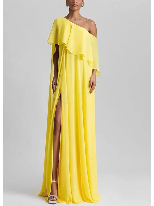 Dress Yellow A-Line Elegant Dress Beach Wedding Formal Wedding Guest Floor Length Sleeveless One Shoulder Stretch Chiffon With Ruffles Slit Evening Dress