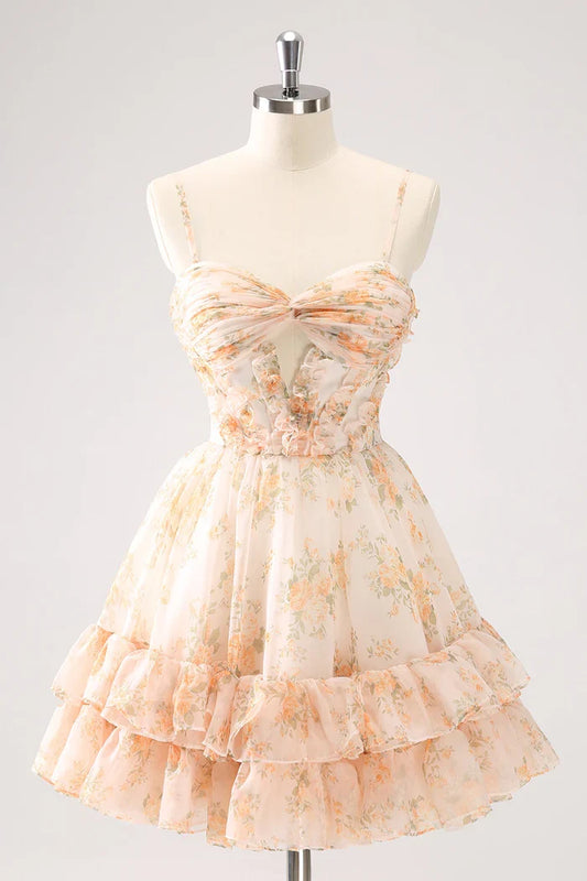 Dress Yellow A-Line Front Twist Short Floral Short Homecoming Dress Sleeveless Party Dress