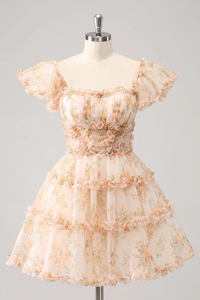 Dress Yellow A-Line Ruffled Tulle Floral Print Short Homecoming Dress Short Sleeve Party Dress