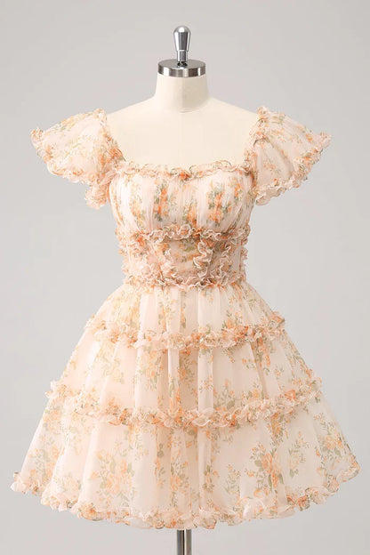 Dress Yellow A-Line Ruffled Tulle Floral Print Short Homecoming Dress Short Sleeve Party Dress