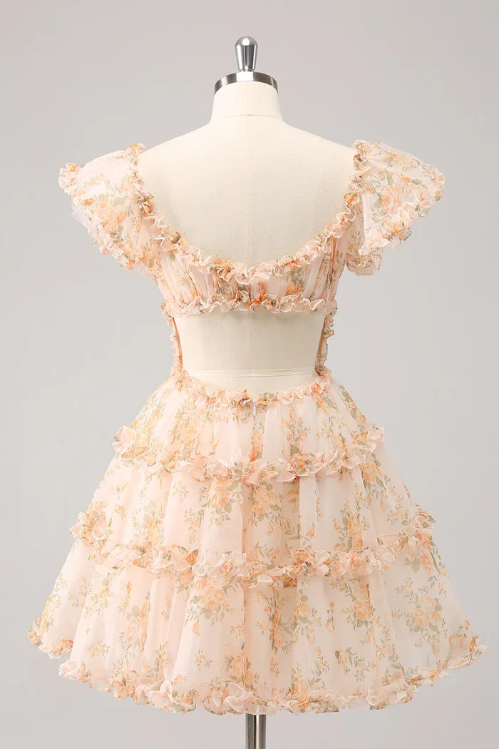 Dress Yellow A-Line Ruffled Tulle Floral Print Short Homecoming Dress Short Sleeve Party Dress