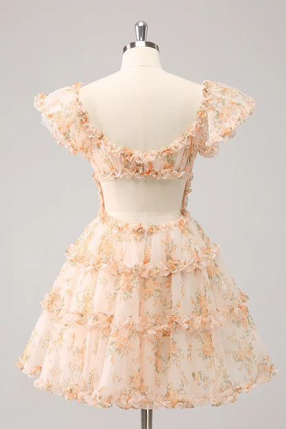 Dress Yellow A-Line Ruffled Tulle Floral Print Short Homecoming Dress Short Sleeve Party Dress
