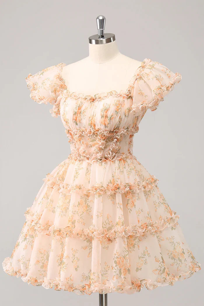 Dress Yellow A-Line Ruffled Tulle Floral Print Short Homecoming Dress Short Sleeve Party Dress