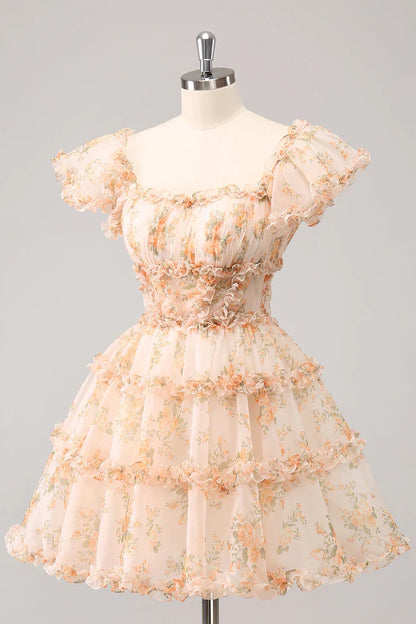 Dress Yellow A-Line Ruffled Tulle Floral Print Short Homecoming Dress Short Sleeve Party Dress