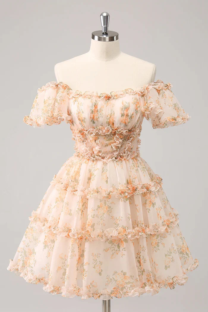 Dress Yellow A-Line Ruffled Tulle Floral Print Short Homecoming Dress Short Sleeve Party Dress