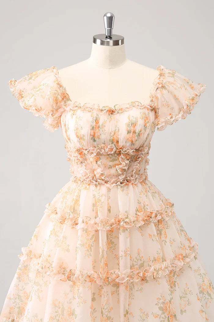 Dress Yellow A-Line Ruffled Tulle Floral Print Short Homecoming Dress Short Sleeve Party Dress