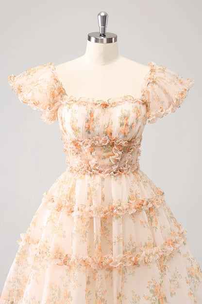 Dress Yellow A-Line Ruffled Tulle Floral Print Short Homecoming Dress Short Sleeve Party Dress