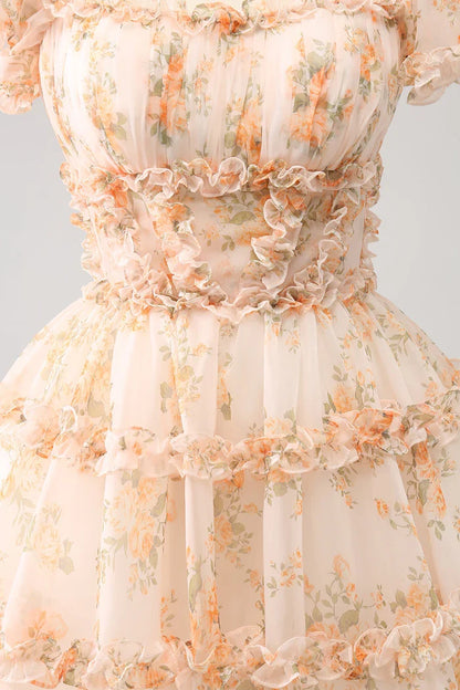 Dress Yellow A-Line Ruffled Tulle Floral Print Short Homecoming Dress Short Sleeve Party Dress