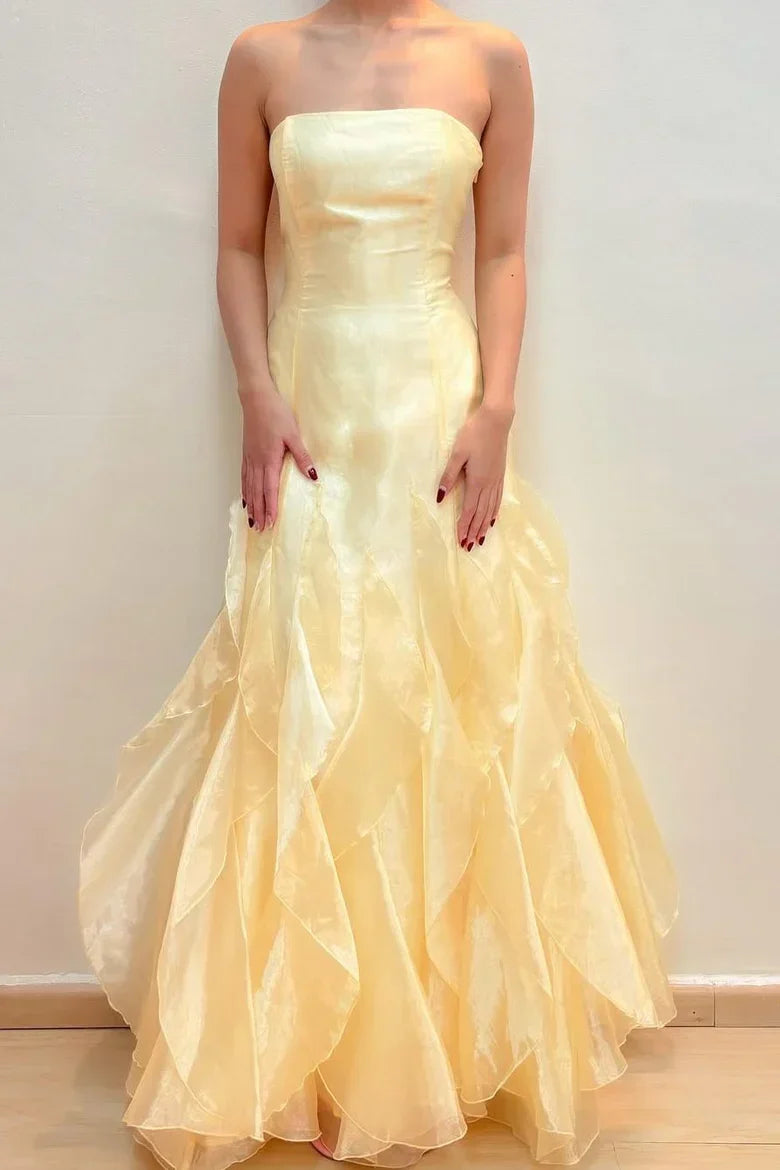 Dress Yellow Elegant Fashion Off-shoulder Sleeveless Tube Top Long Ruffle Formal Prom Dress Evening Dress Party Dress