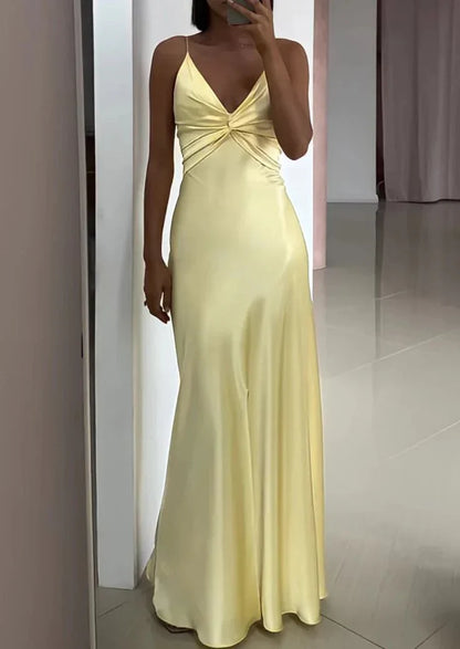 Dress Yellow Fashion V-neck Spaghetti Straps Elegant Long Satin Back lace-up Ball Gown Evening Dress Party Dress Prom Dress