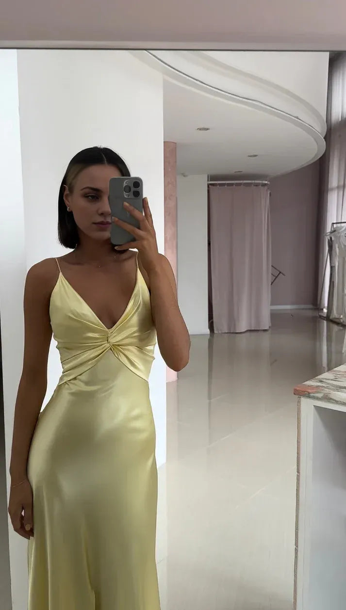 Dress Yellow Fashion V-neck Spaghetti Straps Elegant Long Satin Back lace-up Ball Gown Evening Dress Party Dress Prom Dress
