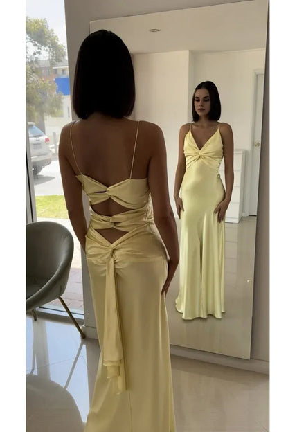 Dress Yellow Fashion V-neck Spaghetti Straps Elegant Long Satin Back lace-up Ball Gown Evening Dress Party Dress Prom Dress
