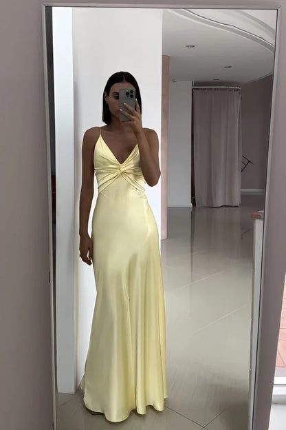 Dress Yellow Fashion V-neck Spaghetti Straps Elegant Long Satin Back lace-up Ball Gown Evening Dress Party Dress Prom Dress