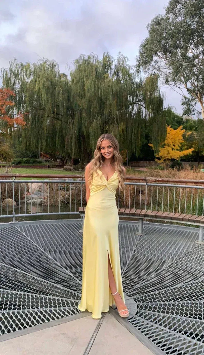 Dress Yellow Fashion V-neck Spaghetti Straps Elegant Long Satin Back lace-up Ball Gown Evening Dress Party Dress Prom Dress
