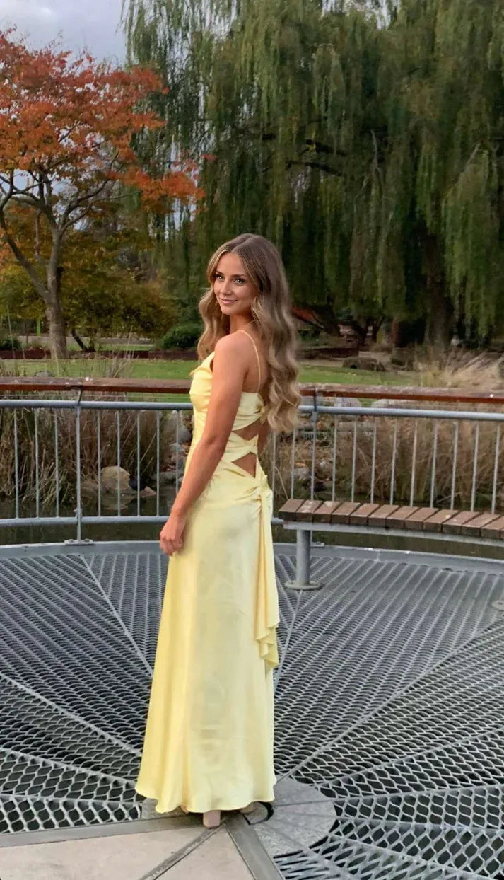 Dress Yellow Fashion V-neck Spaghetti Straps Elegant Long Satin Back lace-up Ball Gown Evening Dress Party Dress Prom Dress