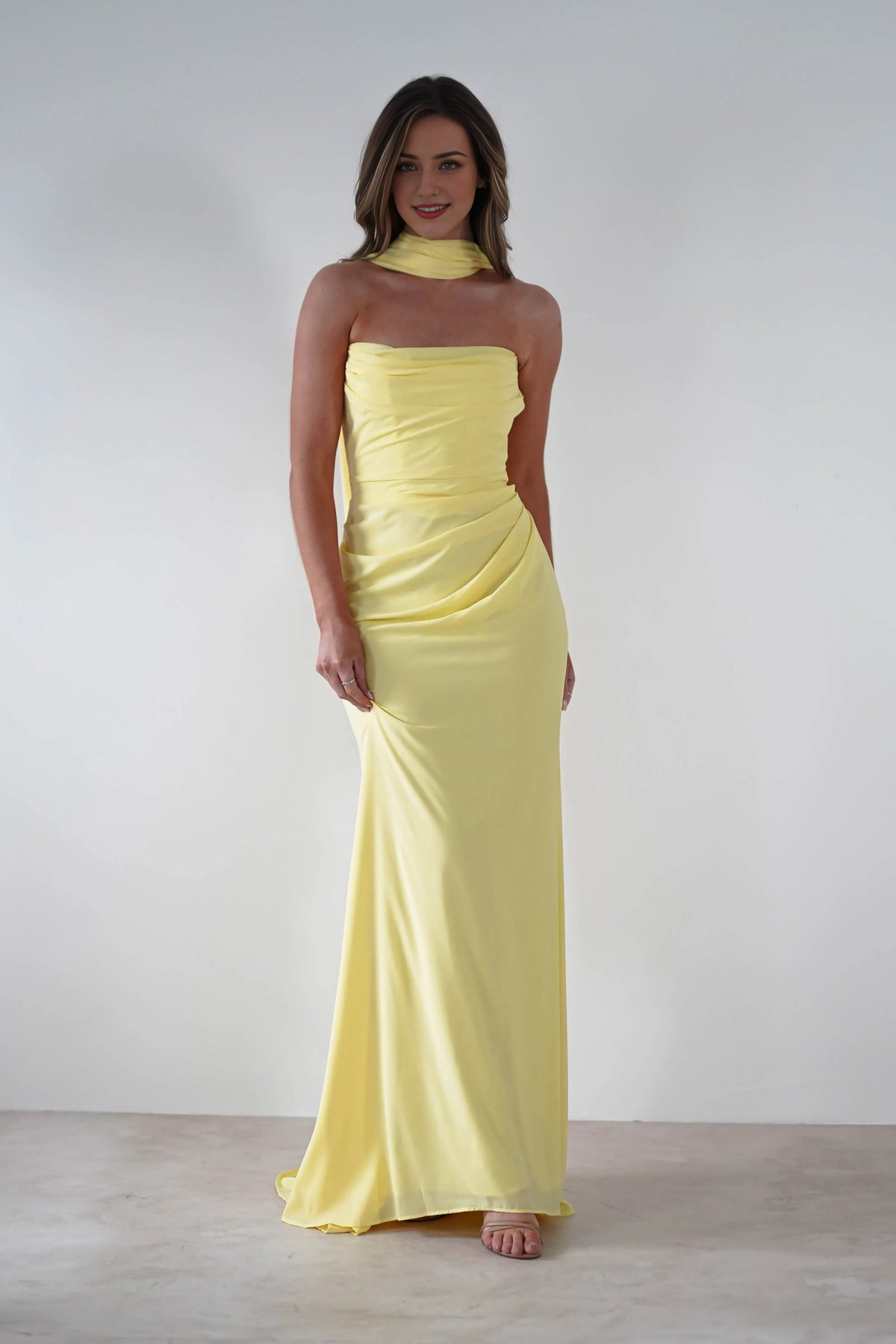 Dress Yellow Gown Strapless Neck Halter Ruched Bodice And A Floor Length Hem Prom Dress