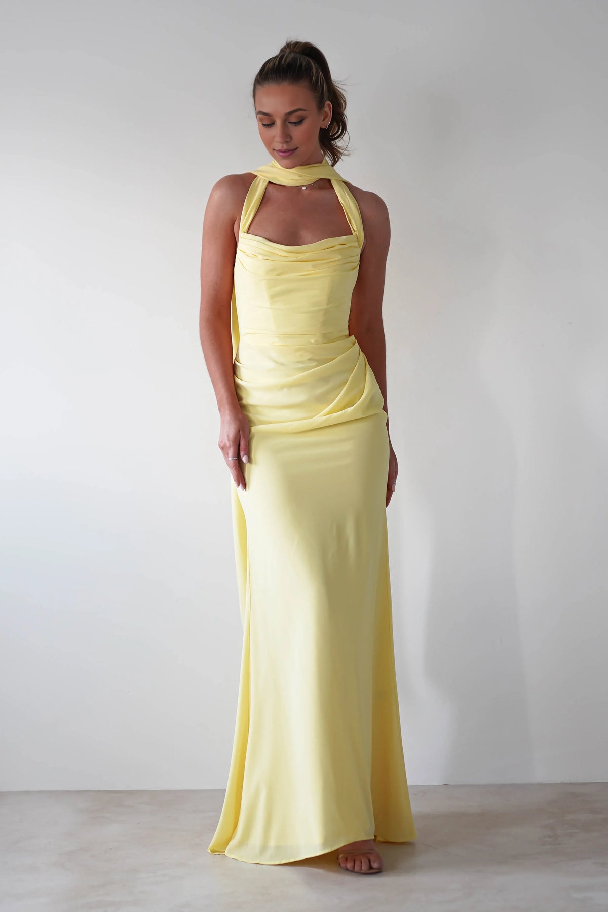 Dress Yellow Gown Strapless Neck Halter Ruched Bodice And A Floor Length Hem Prom Dress