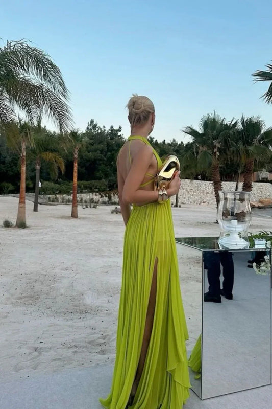 Dress Yellow Green Fashion Pleated Backless Long Elegant Chiffon Ball Gown Evening Dress Party Prom Dress