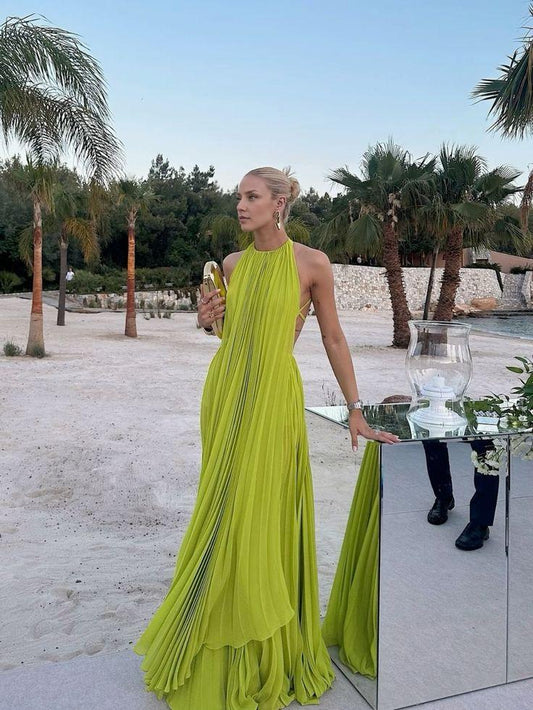 Dress Yellow Green Fashion Pleated Backless Long Elegant Chiffon Ball Gown Evening Dress Party Prom Dress