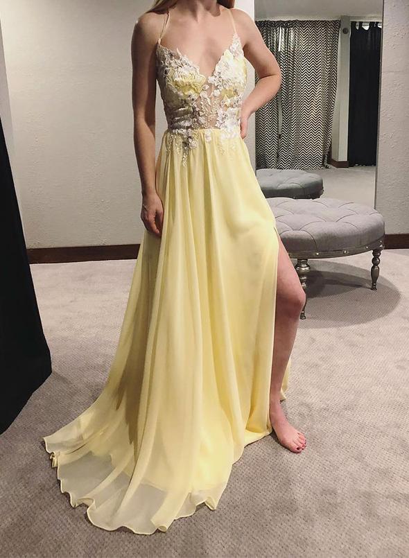 Dress Yellow Spaghetti Straps V Neck Chiffon Lace Long Prom Dress Evening Dress Party Dress