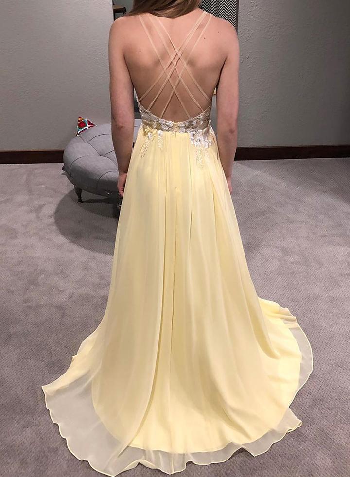 Dress Yellow Spaghetti Straps V Neck Chiffon Lace Long Prom Dress Evening Dress Party Dress