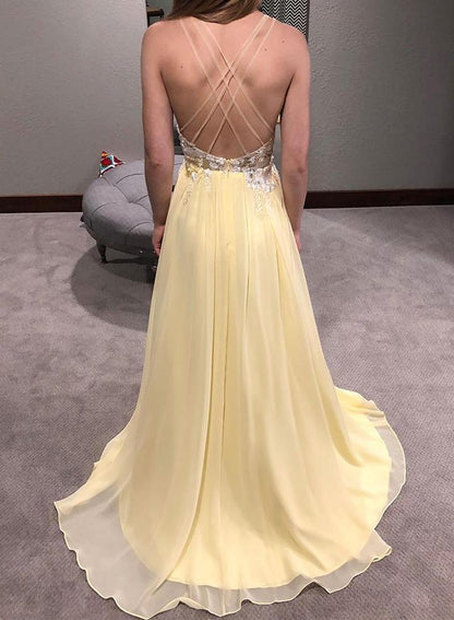 Dress Yellow Spaghetti Straps V Neck Chiffon Lace Long Prom Dress Evening Dress Party Dress