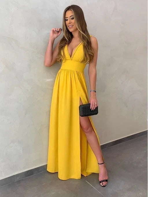 Dress Yellow V Neck Evening Dresses Long Evening Gown A Line Prom Dresses With Slit Party Dress
