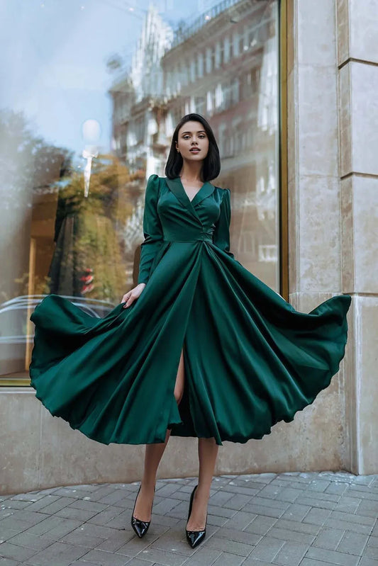 Elegant V Neck Long Sleeves Tea-Length Emerald Green Prom Dress A-line Party Dress