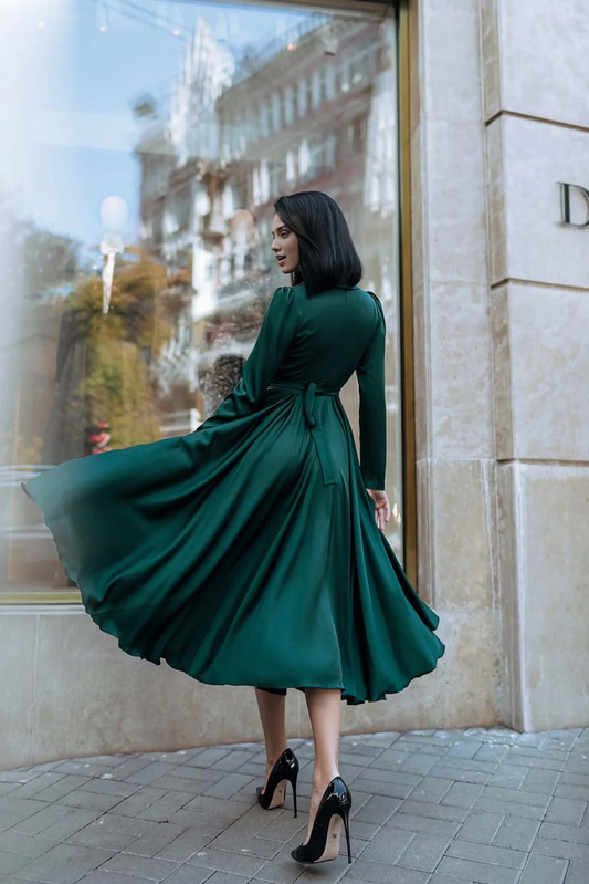 Elegant V Neck Long Sleeves Tea-Length Emerald Green Prom Dress A-line Party Dress