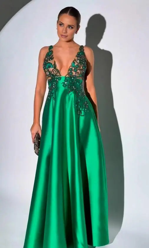 Glamorous A-line Dark Green Satin Sleeveless Regular Strap Party Dress with Beadings Prom Dress