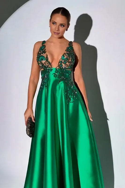 Glamorous A-line Dark Green Satin Sleeveless Regular Strap Party Dress with Beadings Prom Dress