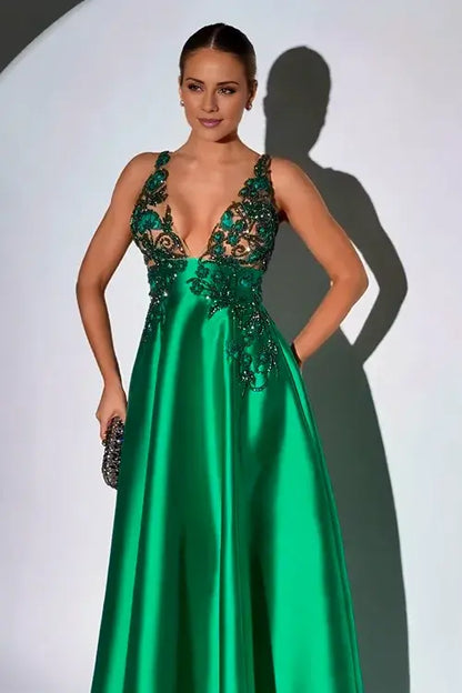 Glamorous A-line Dark Green Satin Sleeveless Regular Strap Party Dress with Beadings Prom Dress