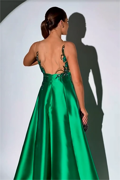 Glamorous A-line Dark Green Satin Sleeveless Regular Strap Party Dress with Beadings Prom Dress