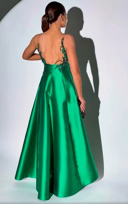 Glamorous A-line Dark Green Satin Sleeveless Regular Strap Party Dress with Beadings Prom Dress