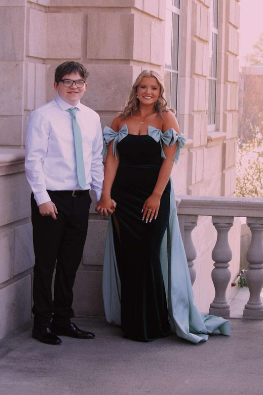 Off the Shoulder Black Long Formal Dress with Pink Bows Floor Length Prom Dress Prom Dresses Stores
