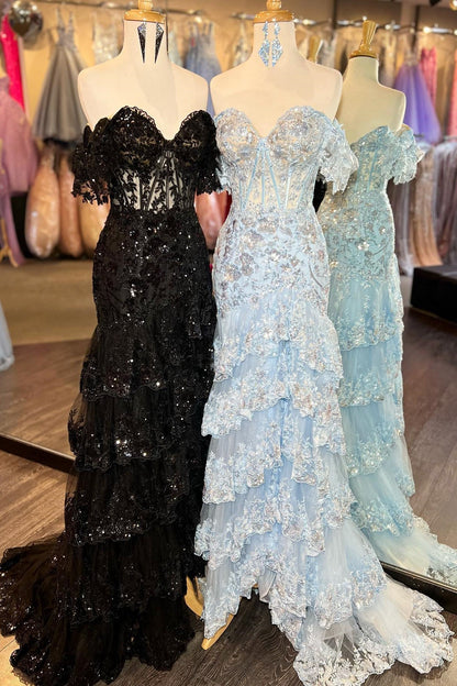 Off the Shoulder Light Blue Appliques Tiered Ruffle Long Prom Dress Sparkling Floor Length Prom Dress Prom Dresses Stores