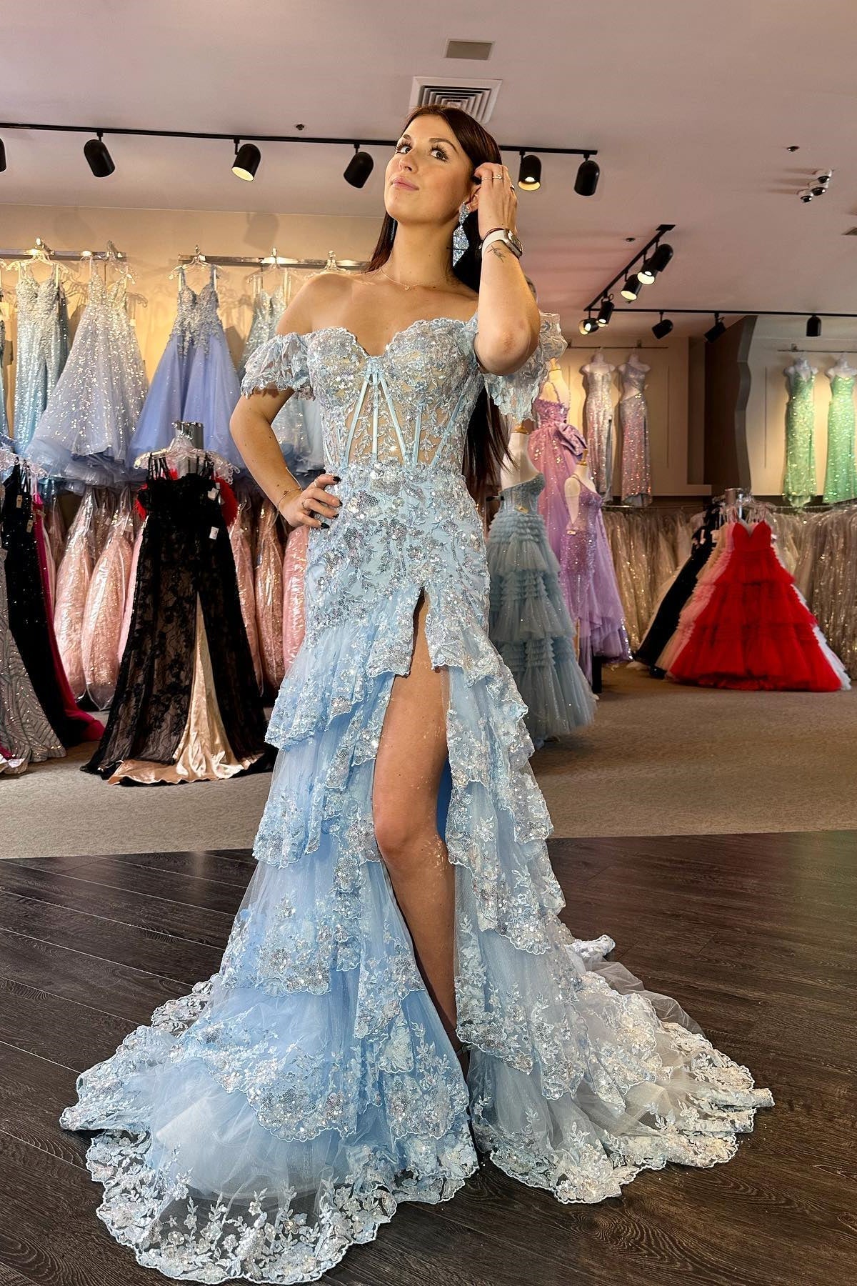 Off the Shoulder Light Blue Appliques Tiered Ruffle Long Prom Dress Sparkling Floor Length Prom Dress Prom Dresses Stores