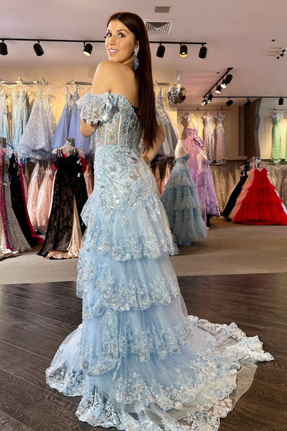 Off the Shoulder Light Blue Appliques Tiered Ruffle Long Prom Dress Sparkling Floor Length Prom Dress Prom Dresses Stores